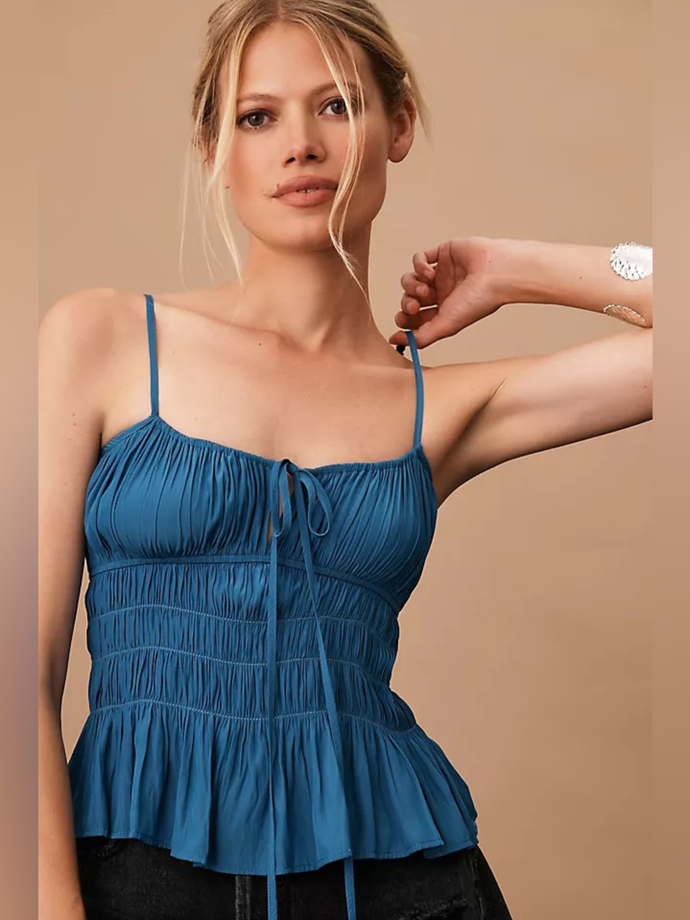 Ciao Lucia Blue Pavio Smocked Tie-Front Cami Top Size Small